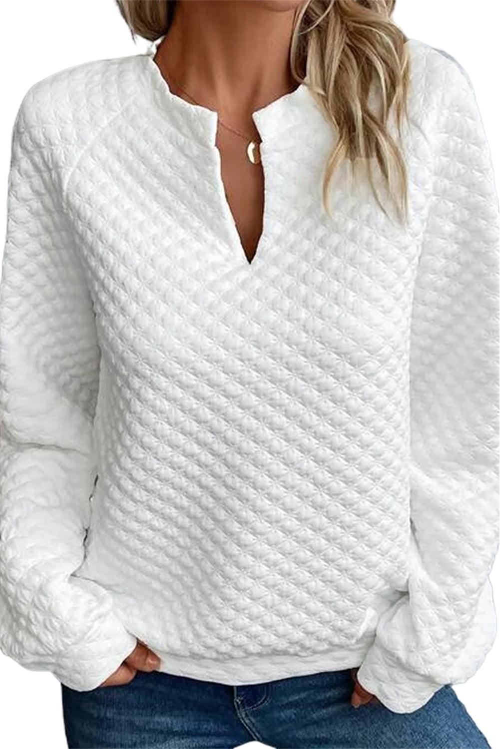 Quilted V-Neck Solid Color Long Sleeve Top