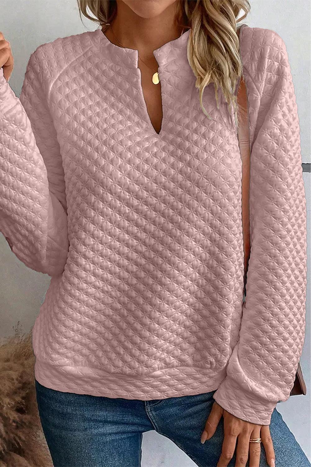 Quilted V-Neck Solid Color Long Sleeve Top