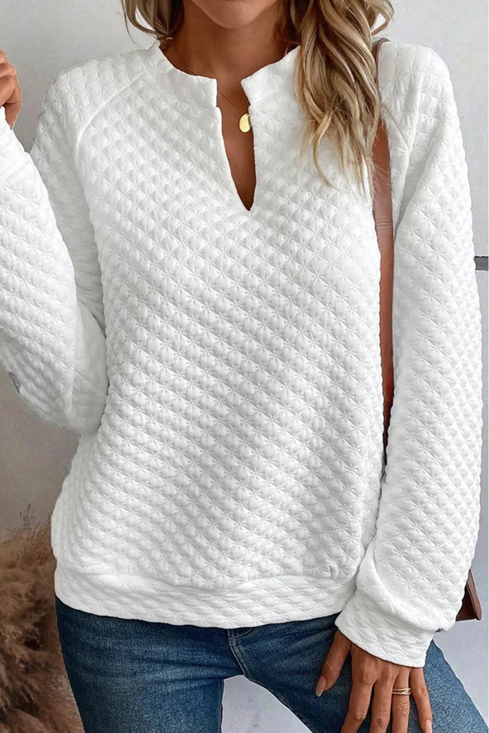 Quilted V-Neck Solid Color Long Sleeve Top