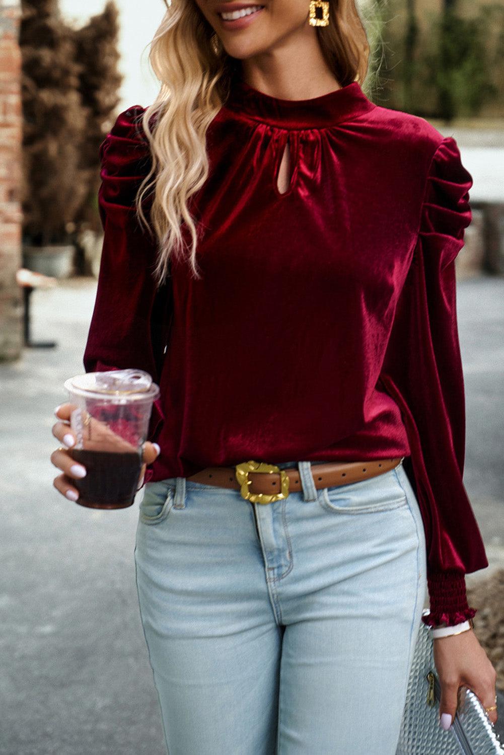 Keyhole Neck Puff Sleeve Velvet Blouse