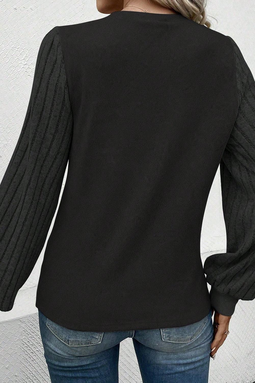 Solid Color Contrast Ribbed Bishop Sleeve Top