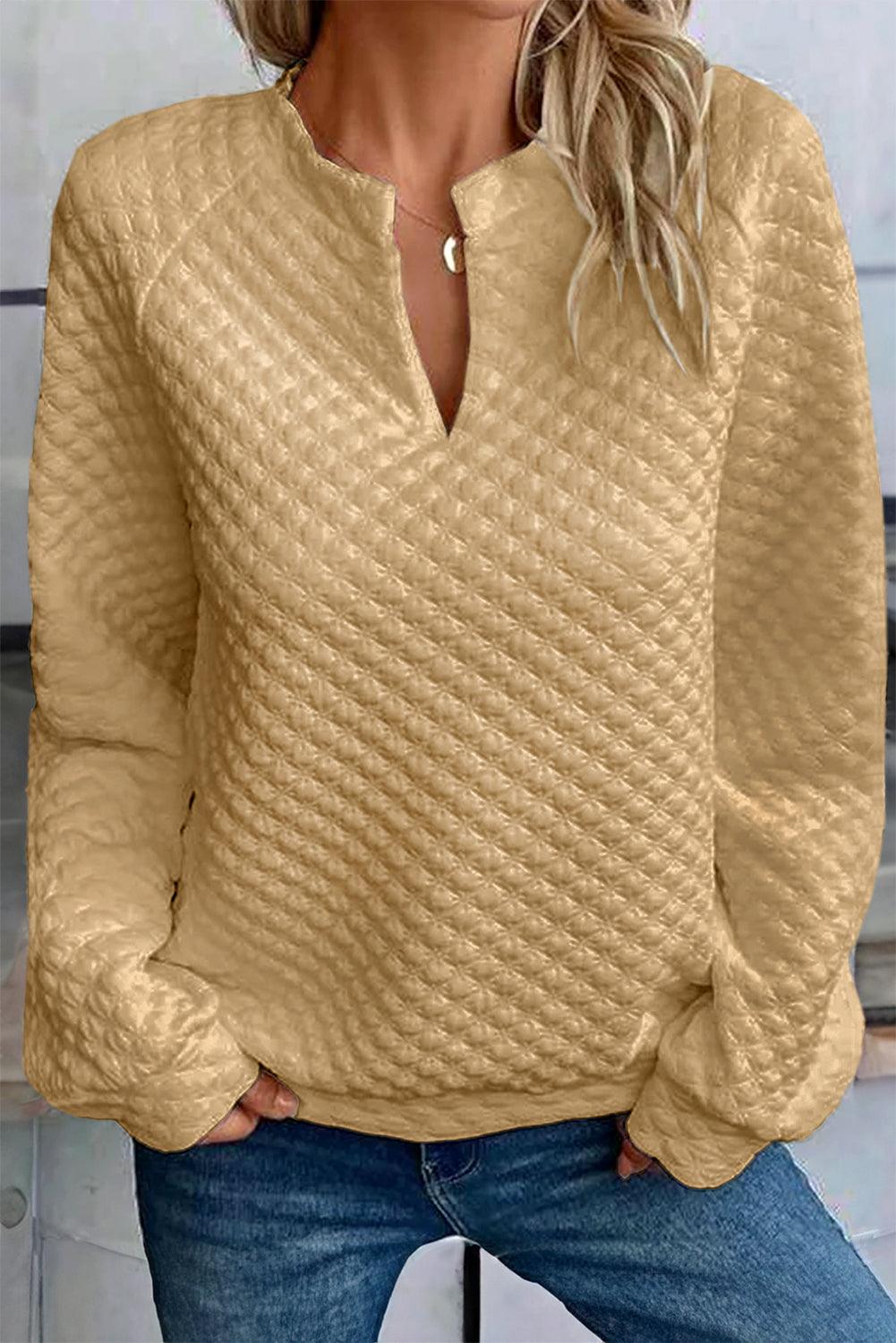 Quilted V-Neck Solid Color Long Sleeve Top