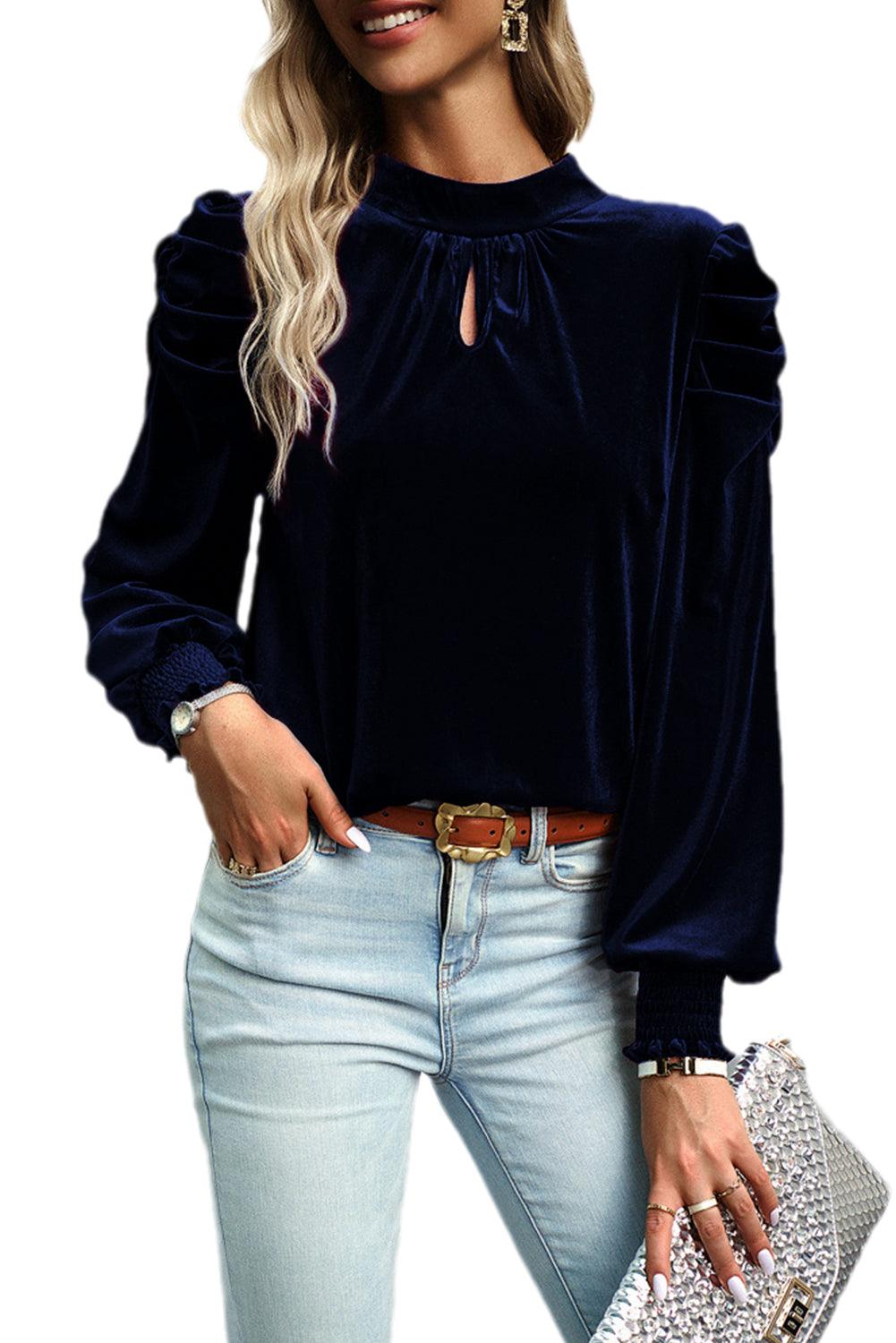 Keyhole Neck Puff Sleeve Velvet Blouse