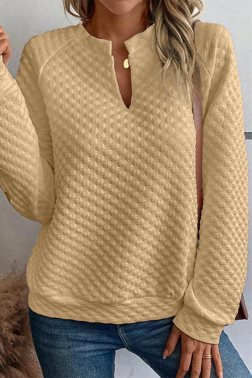 Quilted V-Neck Solid Color Long Sleeve Top