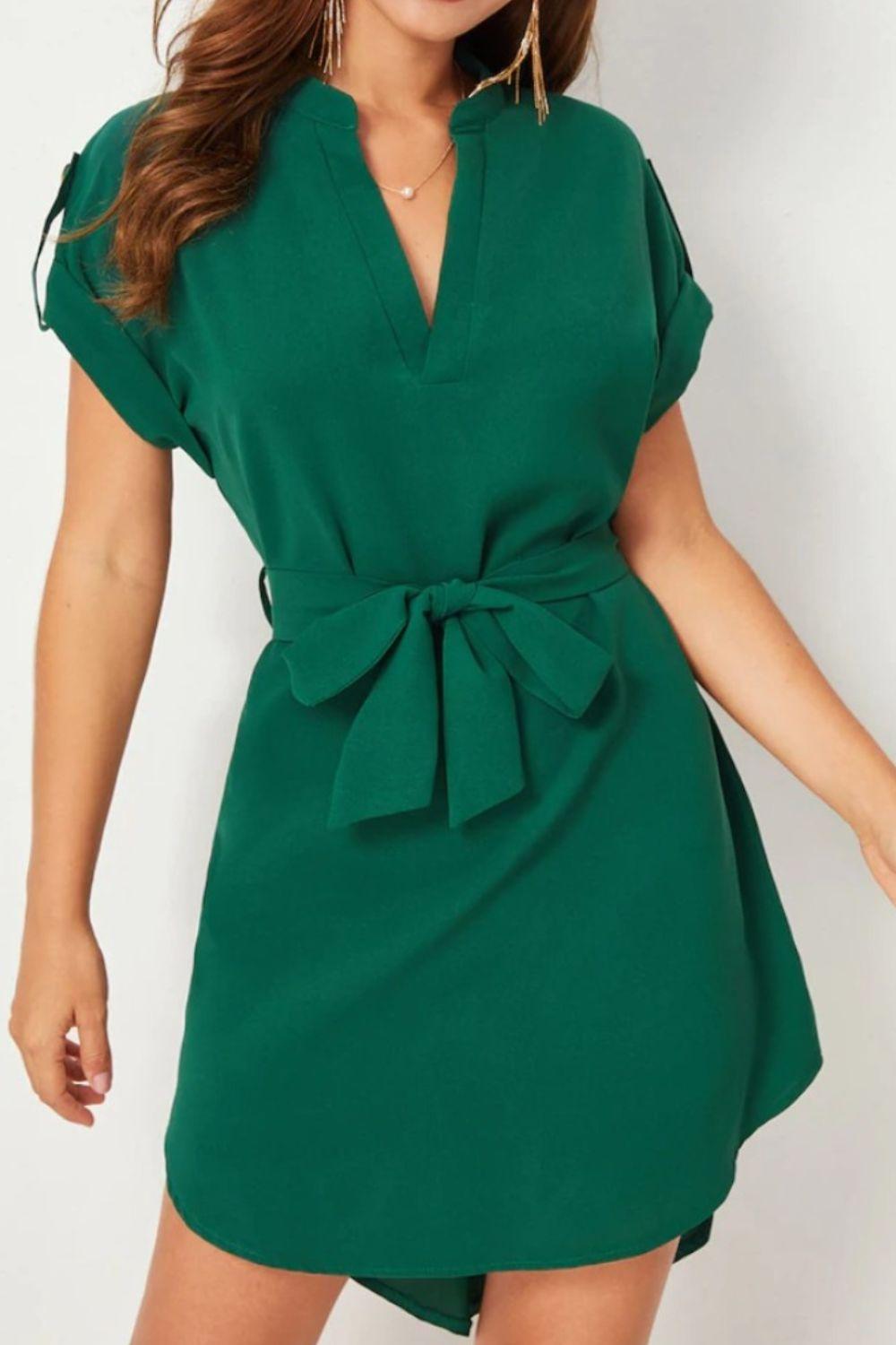 Tied Notched Short Sleeve Dress