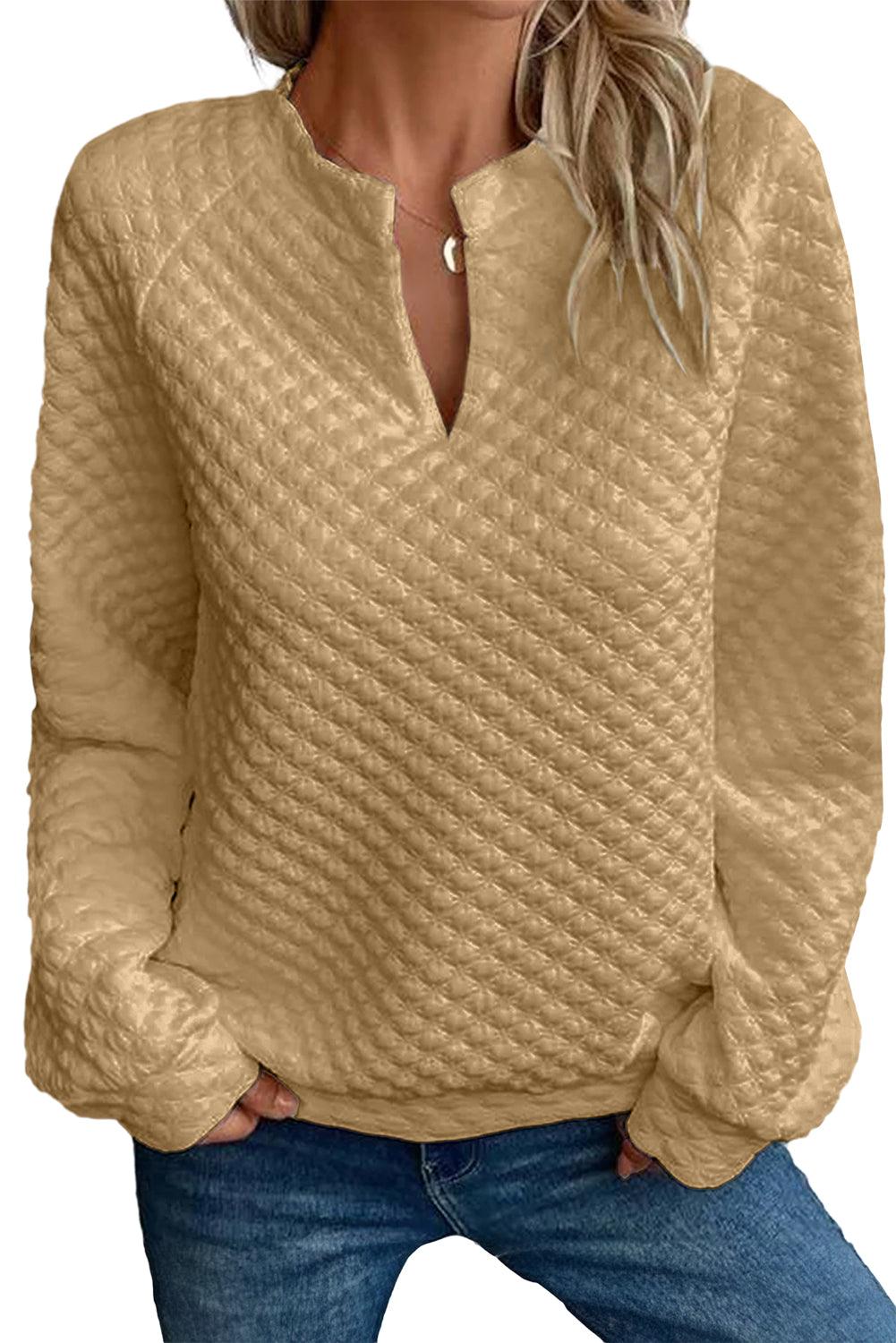 Quilted V-Neck Solid Color Long Sleeve Top