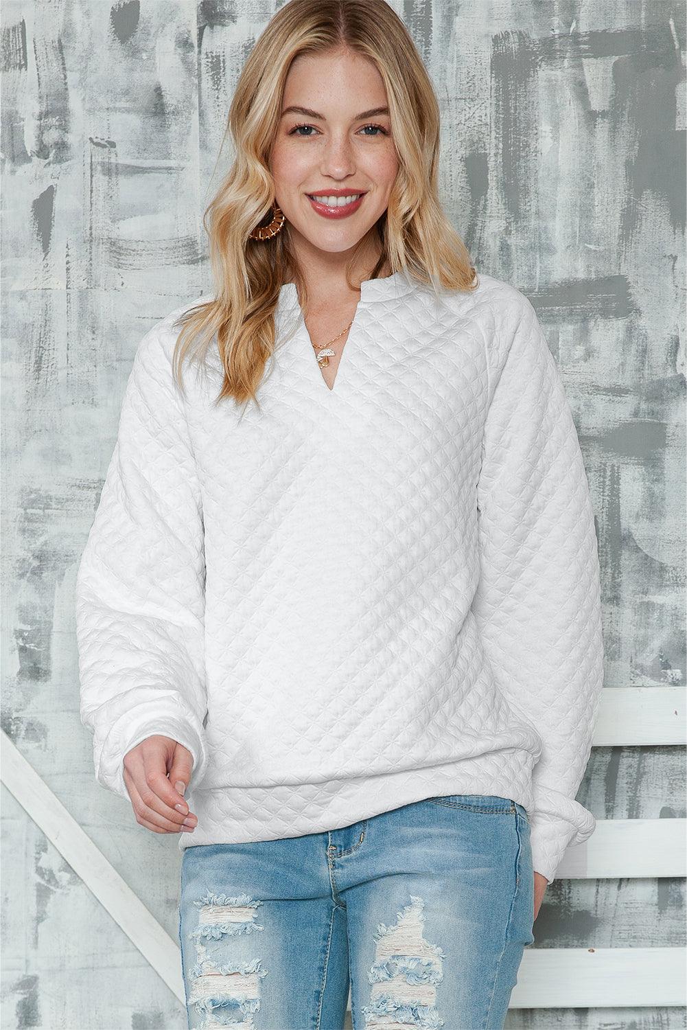 Quilted V-Neck Solid Color Long Sleeve Top