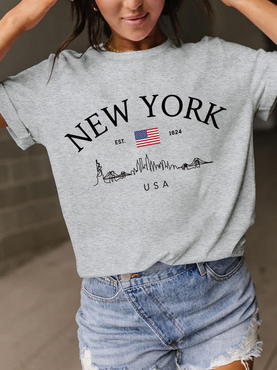 New York Full Size Letter Graphic Round Neck Short Sleeve T-Shirt