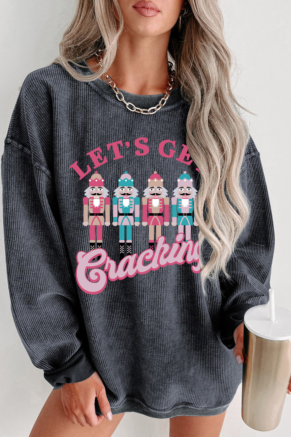 Gray Lets Get Cracking Nutcracker Corded Graphic Sweatshirt