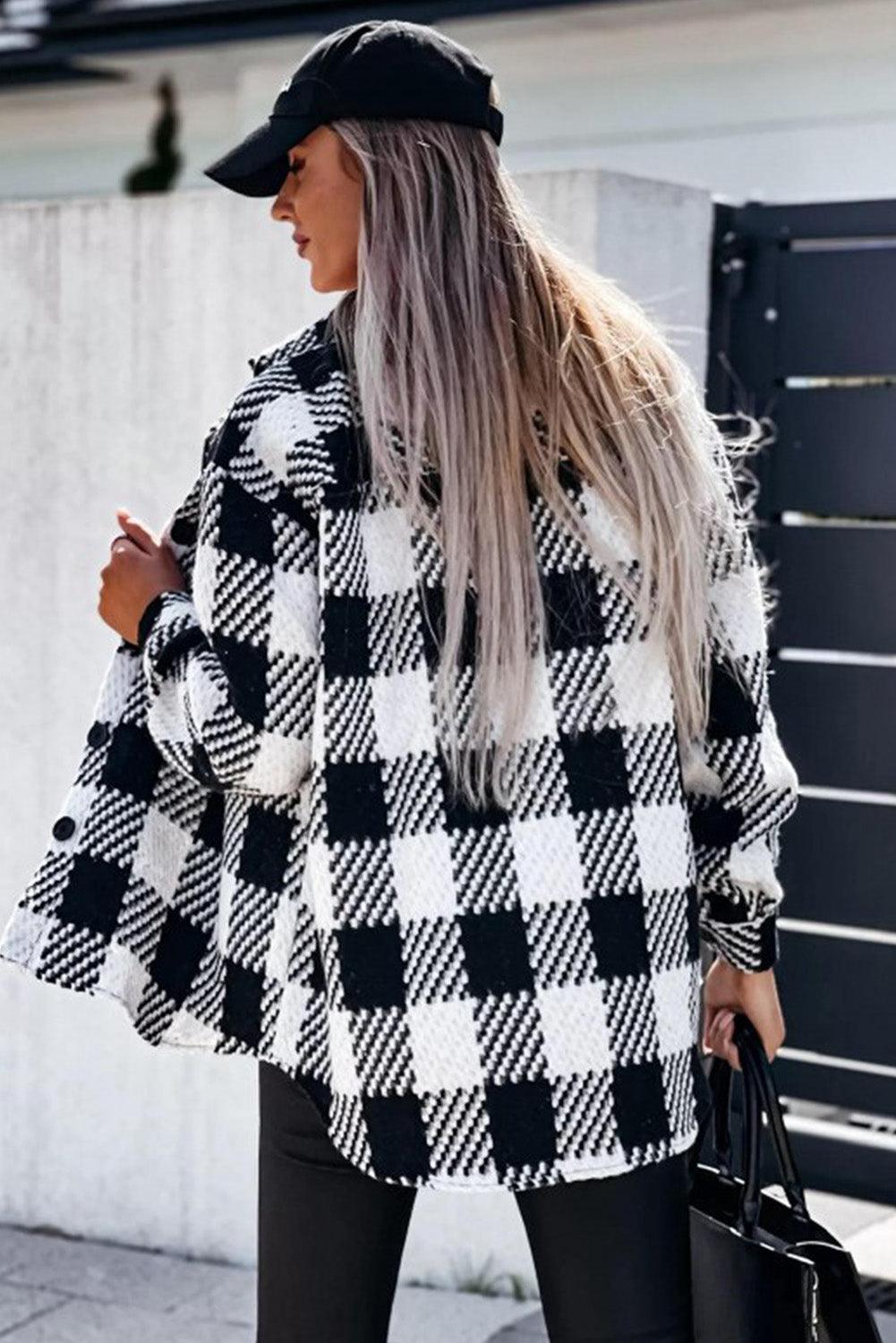 Black & White Elegant Plaid Textured Flap Pocket Shacket