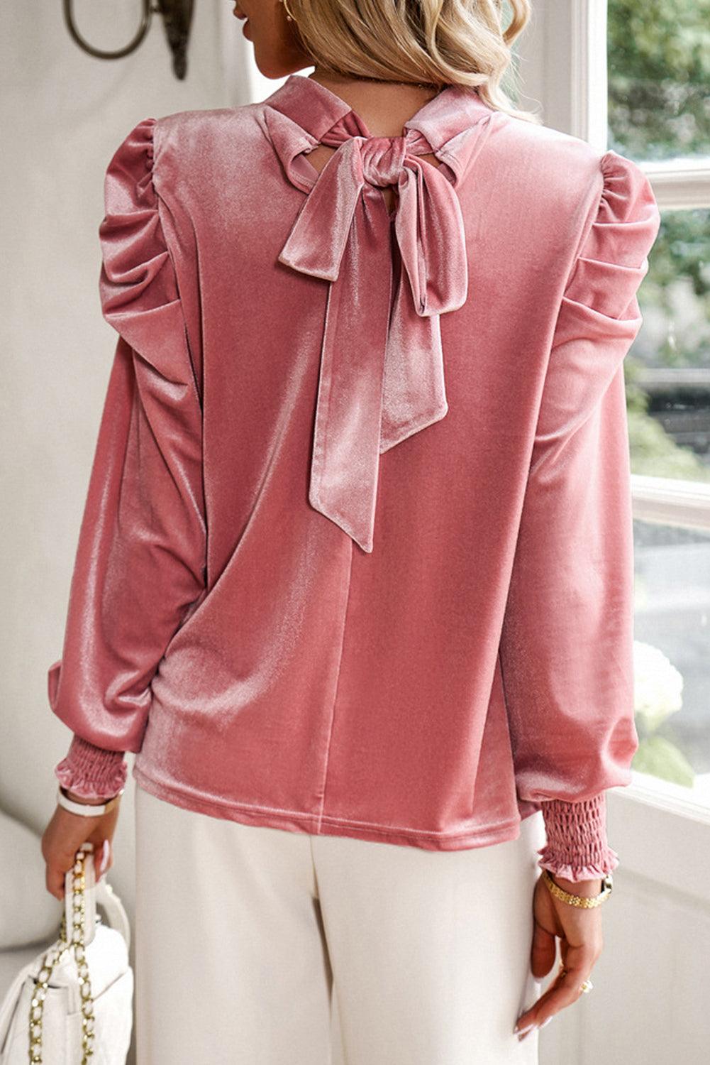 Keyhole Neck Puff Sleeve Velvet Blouse