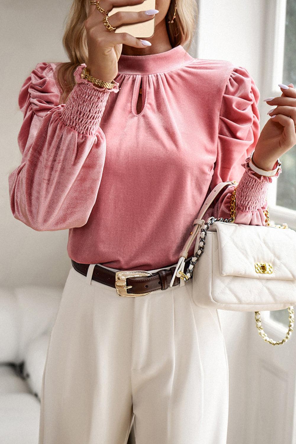 Keyhole Neck Puff Sleeve Velvet Blouse