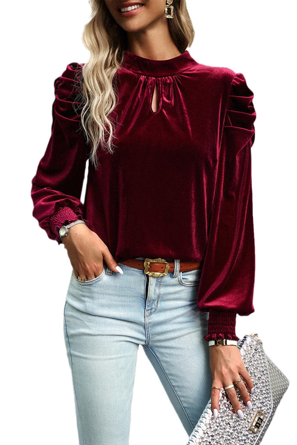 Keyhole Neck Puff Sleeve Velvet Blouse