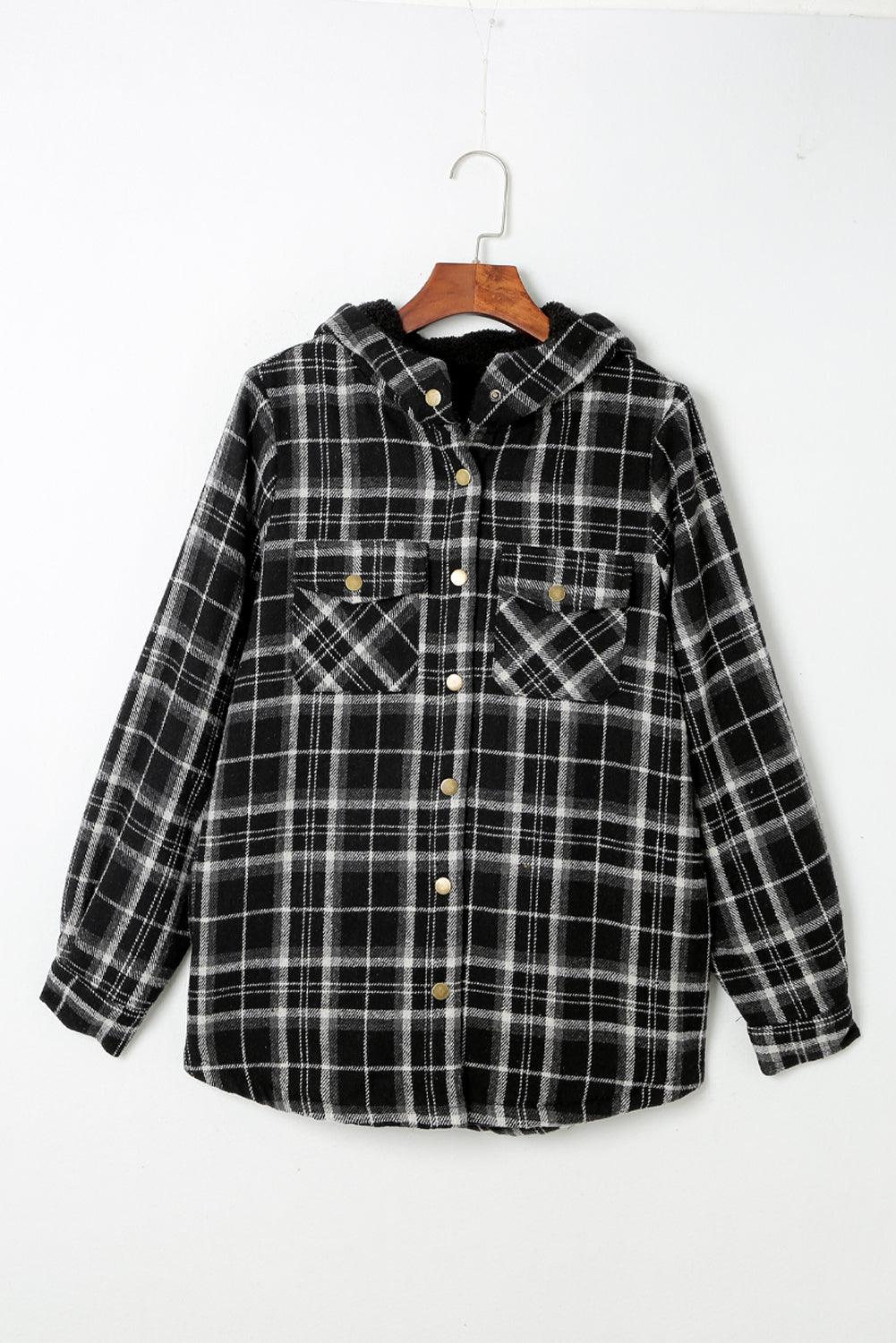 Gray Snap Button Sherpa Lined Hooded Flannel Jacket