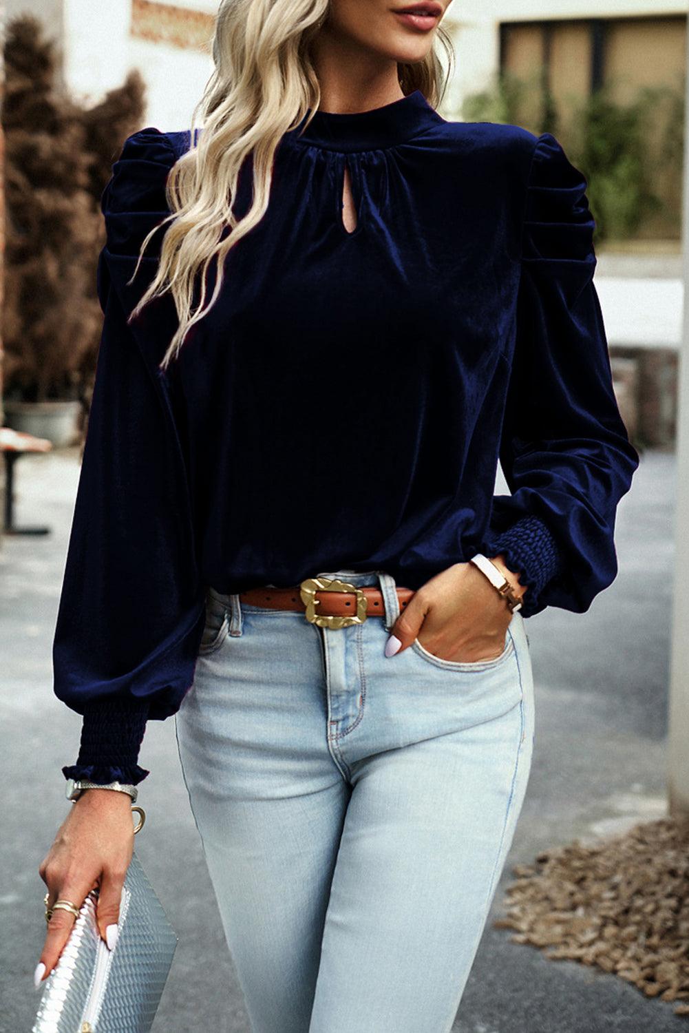 Keyhole Neck Puff Sleeve Velvet Blouse