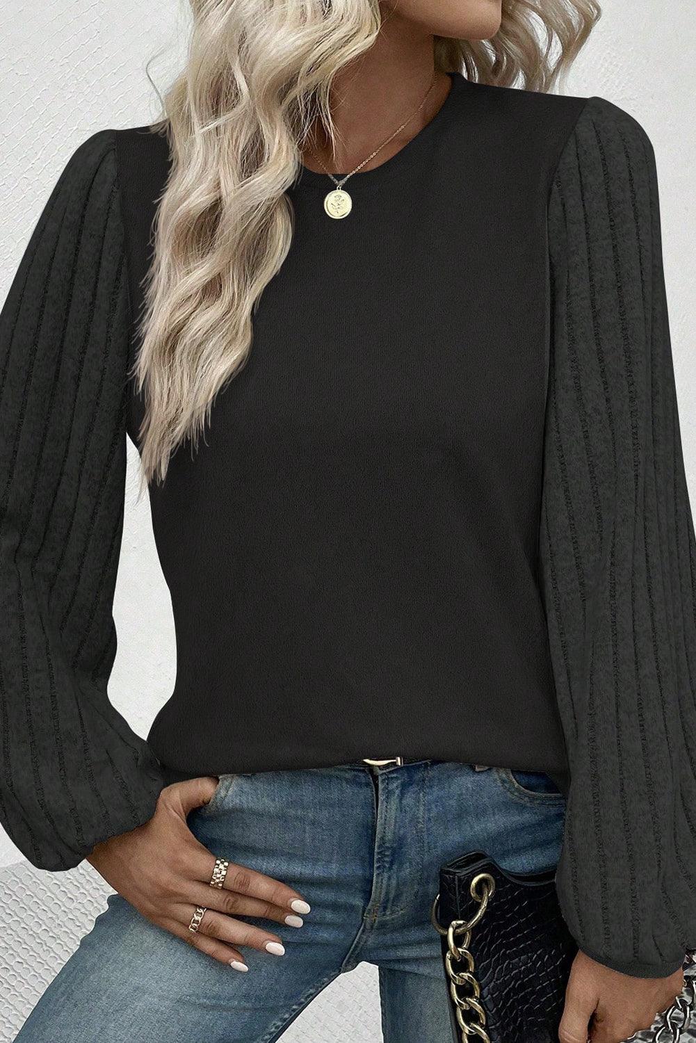 Solid Color Contrast Ribbed Bishop Sleeve Top