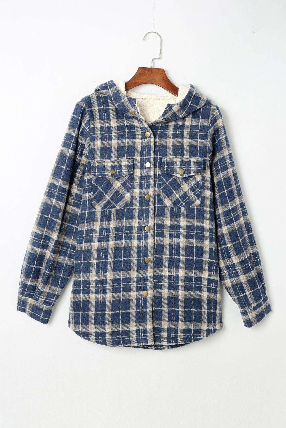 Gray Snap Button Sherpa Lined Hooded Flannel Jacket