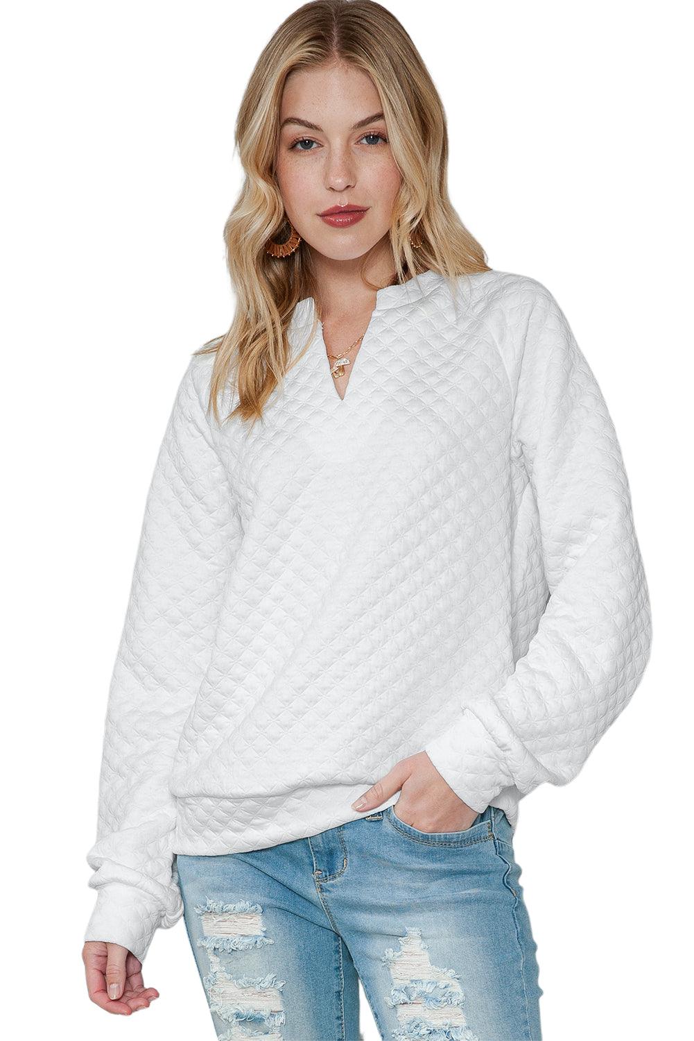 Quilted V-Neck Solid Color Long Sleeve Top