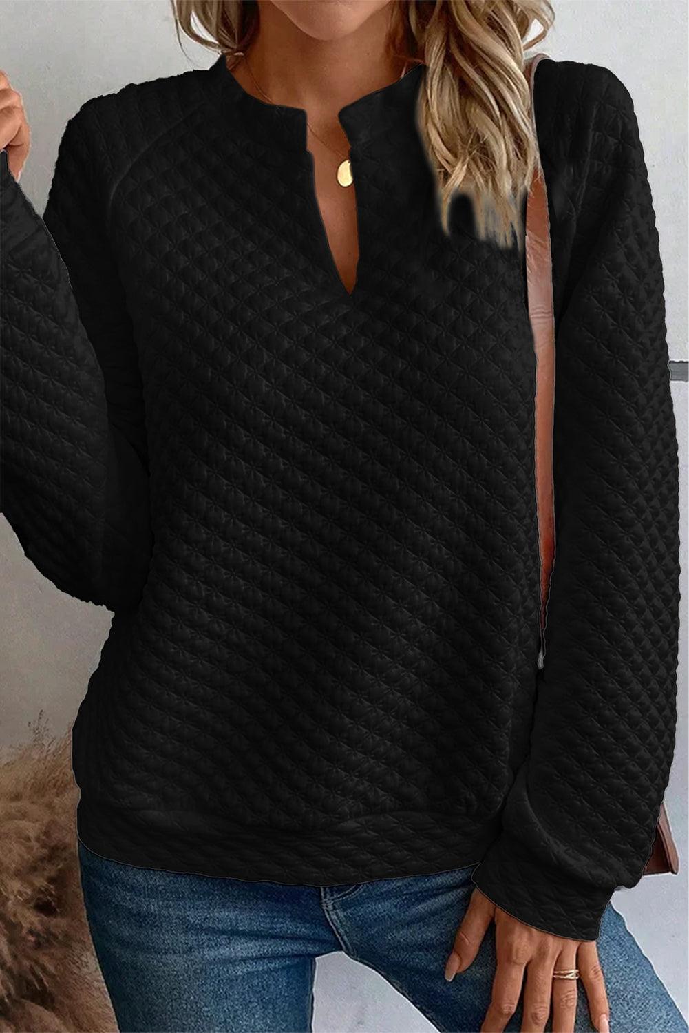 Quilted V-Neck Solid Color Long Sleeve Top