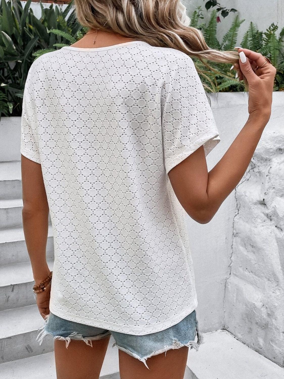 Eyelet V-Neck Short Sleeve T-Shirt