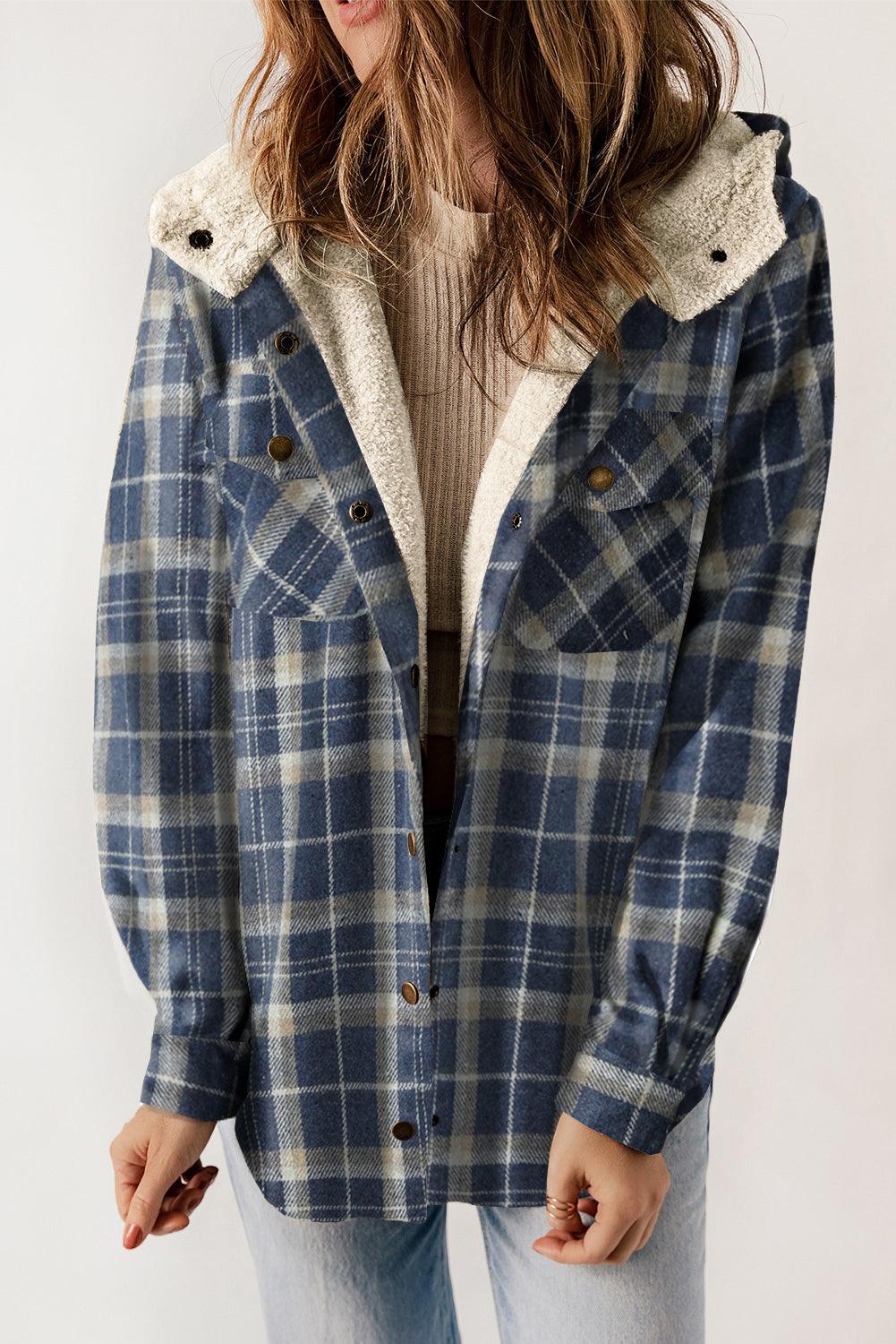 Gray Snap Button Sherpa Lined Hooded Flannel Jacket