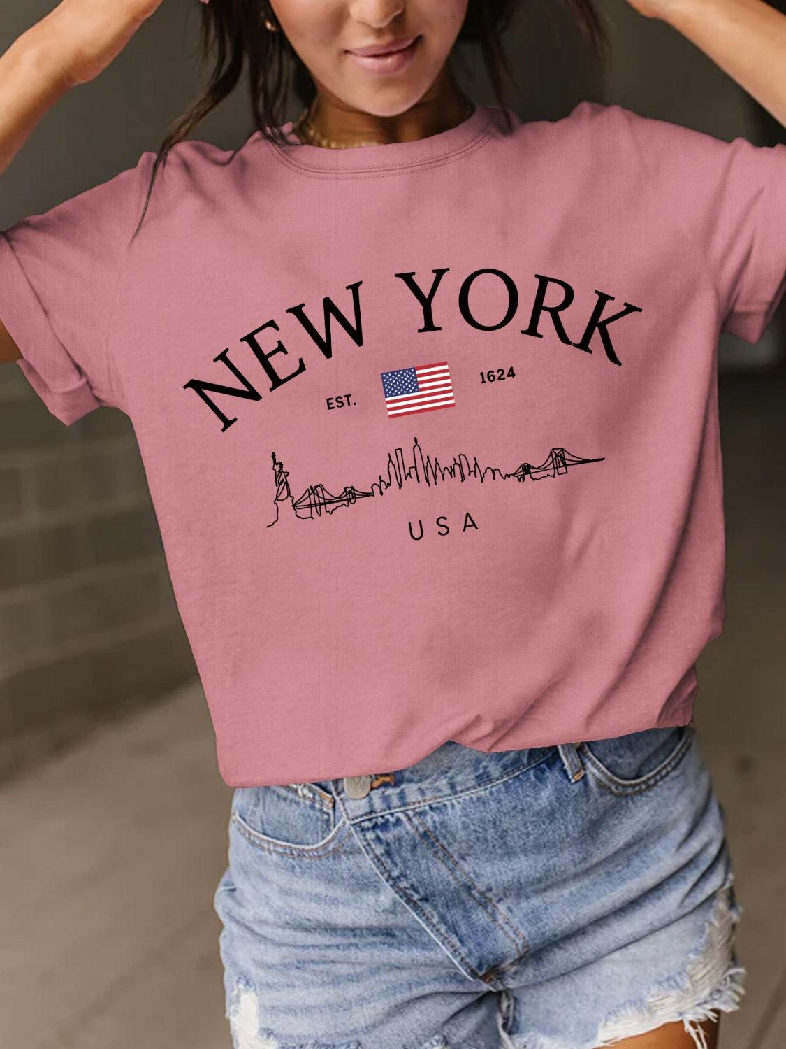 New York Full Size Letter Graphic Round Neck Short Sleeve T-Shirt