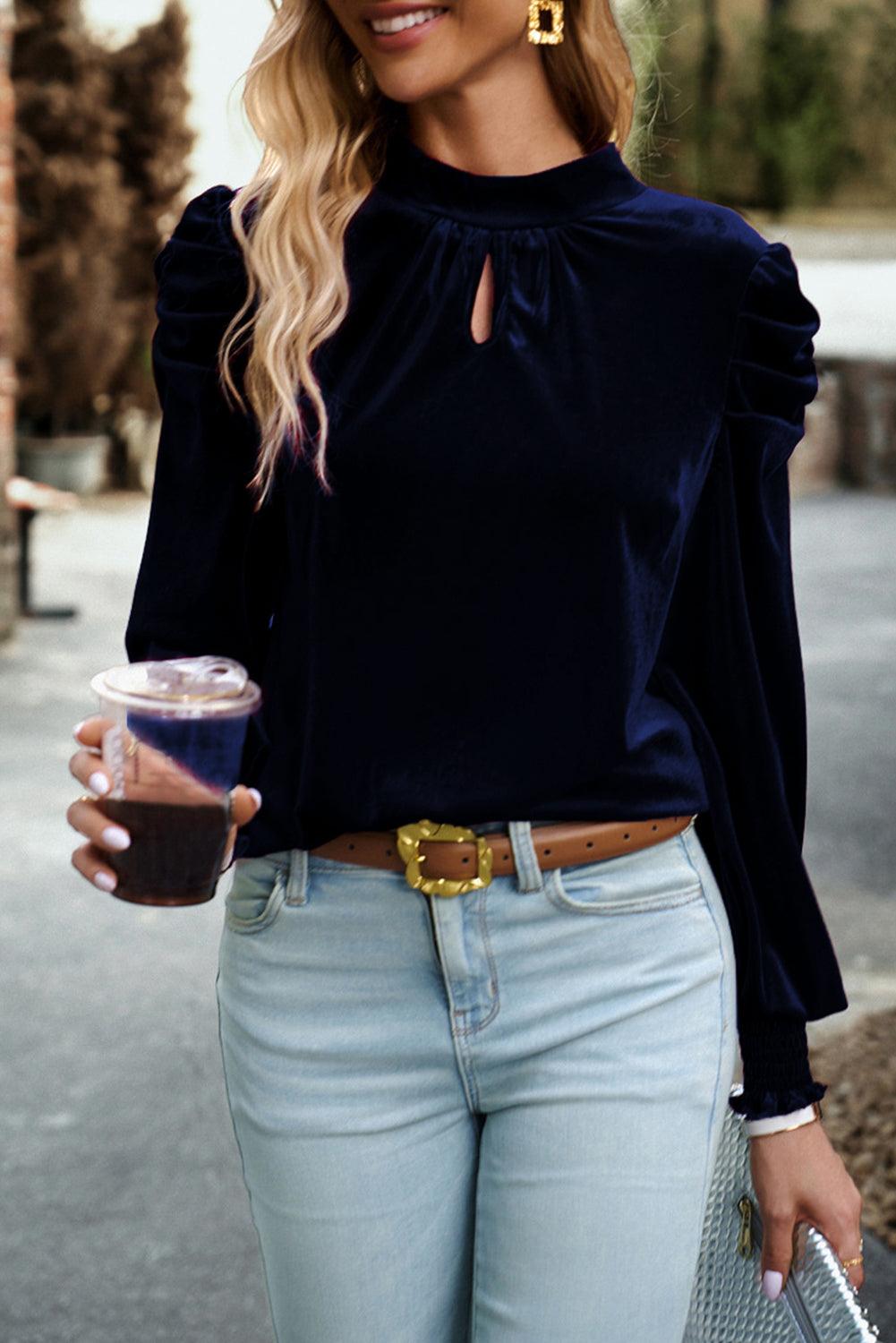 Keyhole Neck Puff Sleeve Velvet Blouse