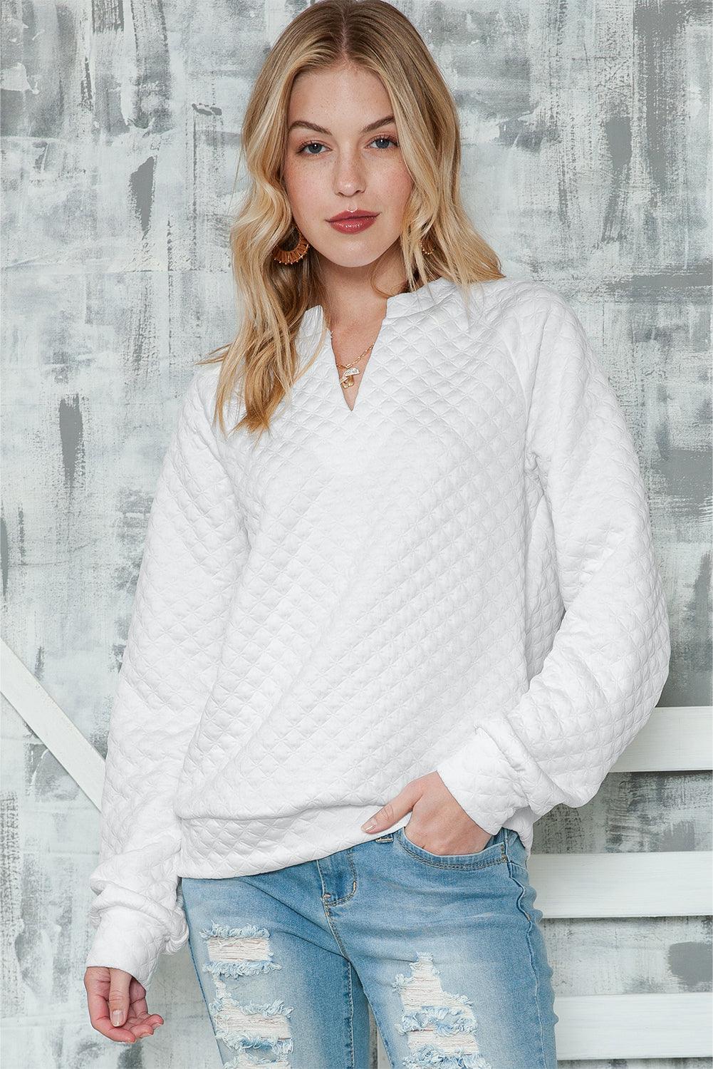 Quilted V-Neck Solid Color Long Sleeve Top