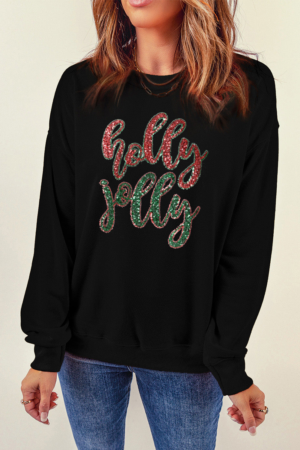 Christmas Sequined Holly Jolly Graphic Sweatshirt