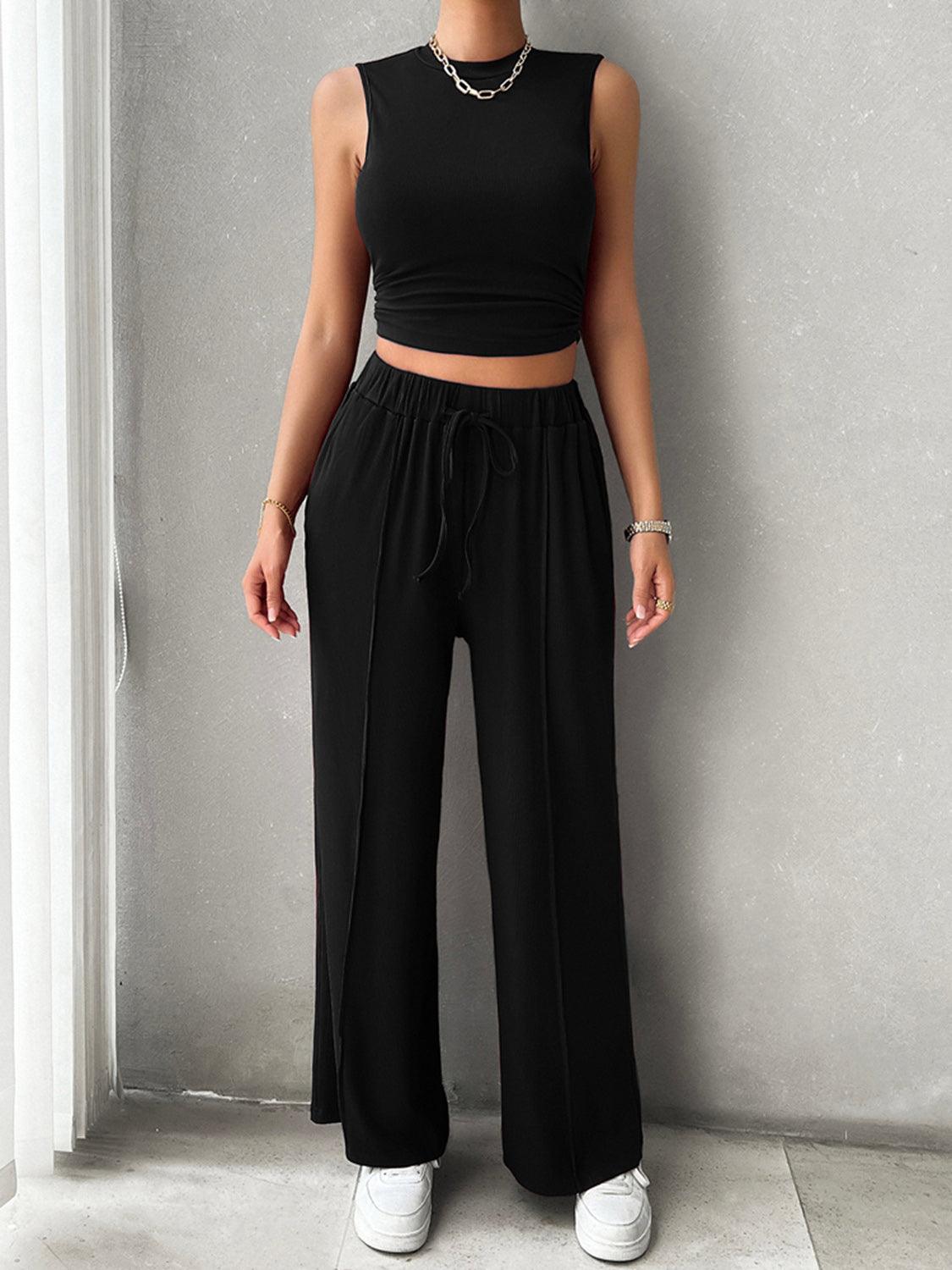 Mock Neck Sleeveless Top and Drawstring Pants Set