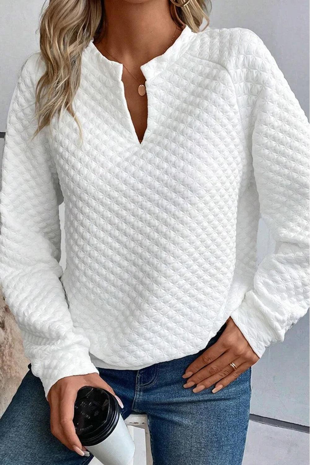 Quilted V-Neck Solid Color Long Sleeve Top