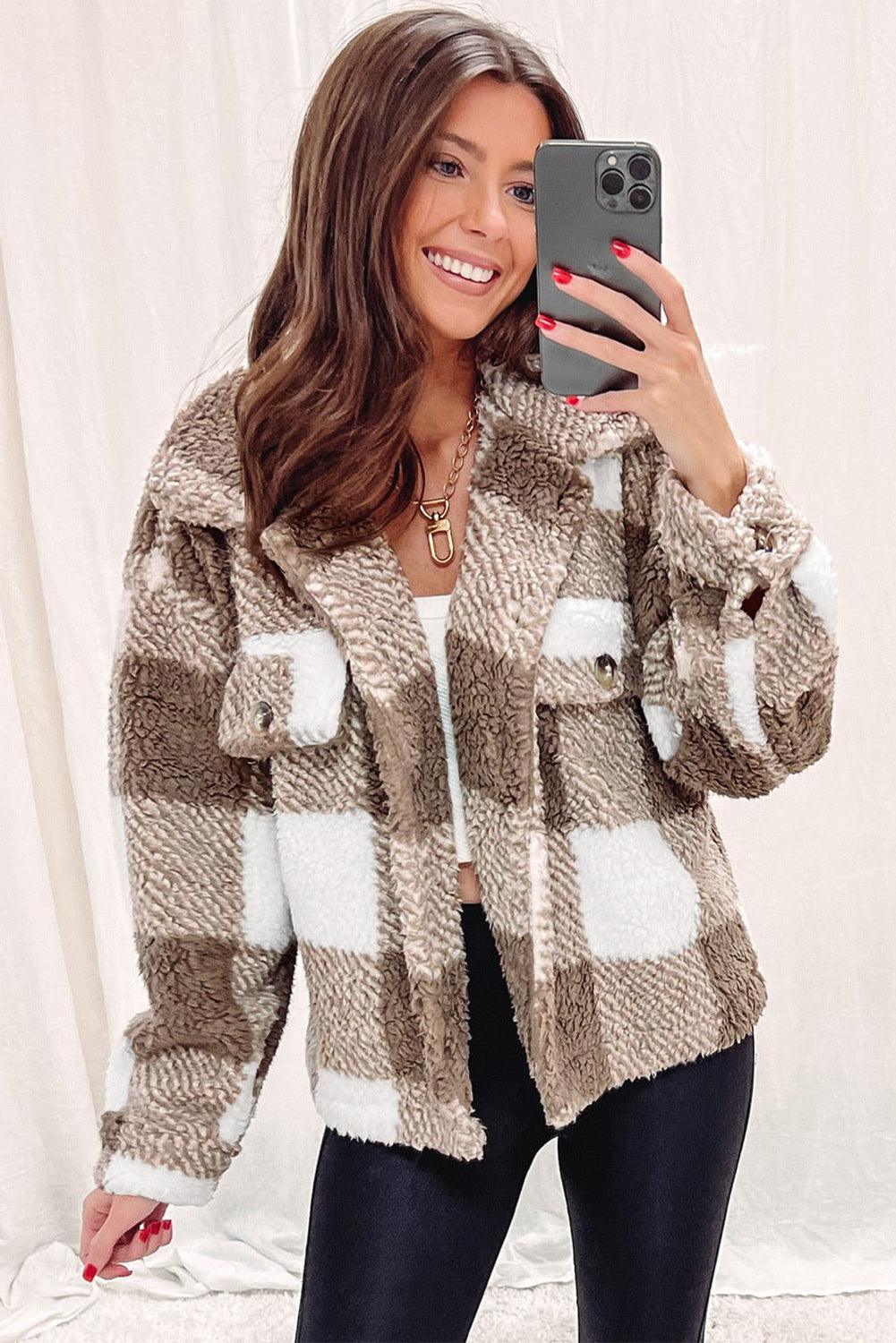 Khaki Plaid Buttoned Collared Sherpa Jacket