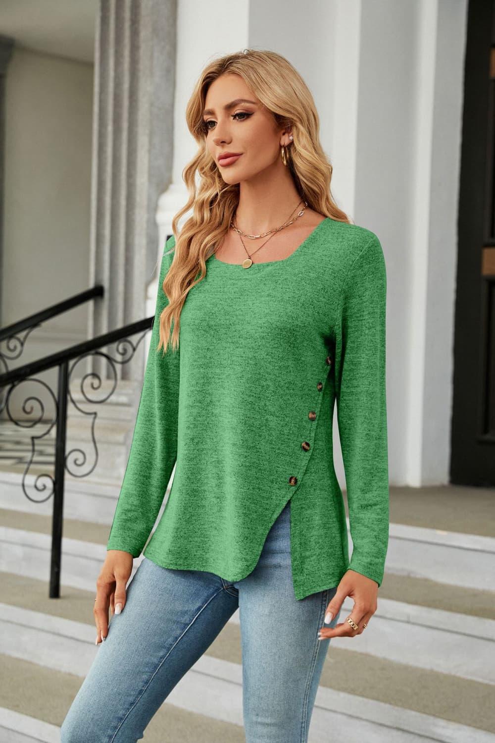 Square Neck Long Sleeve Slit T-Shirt