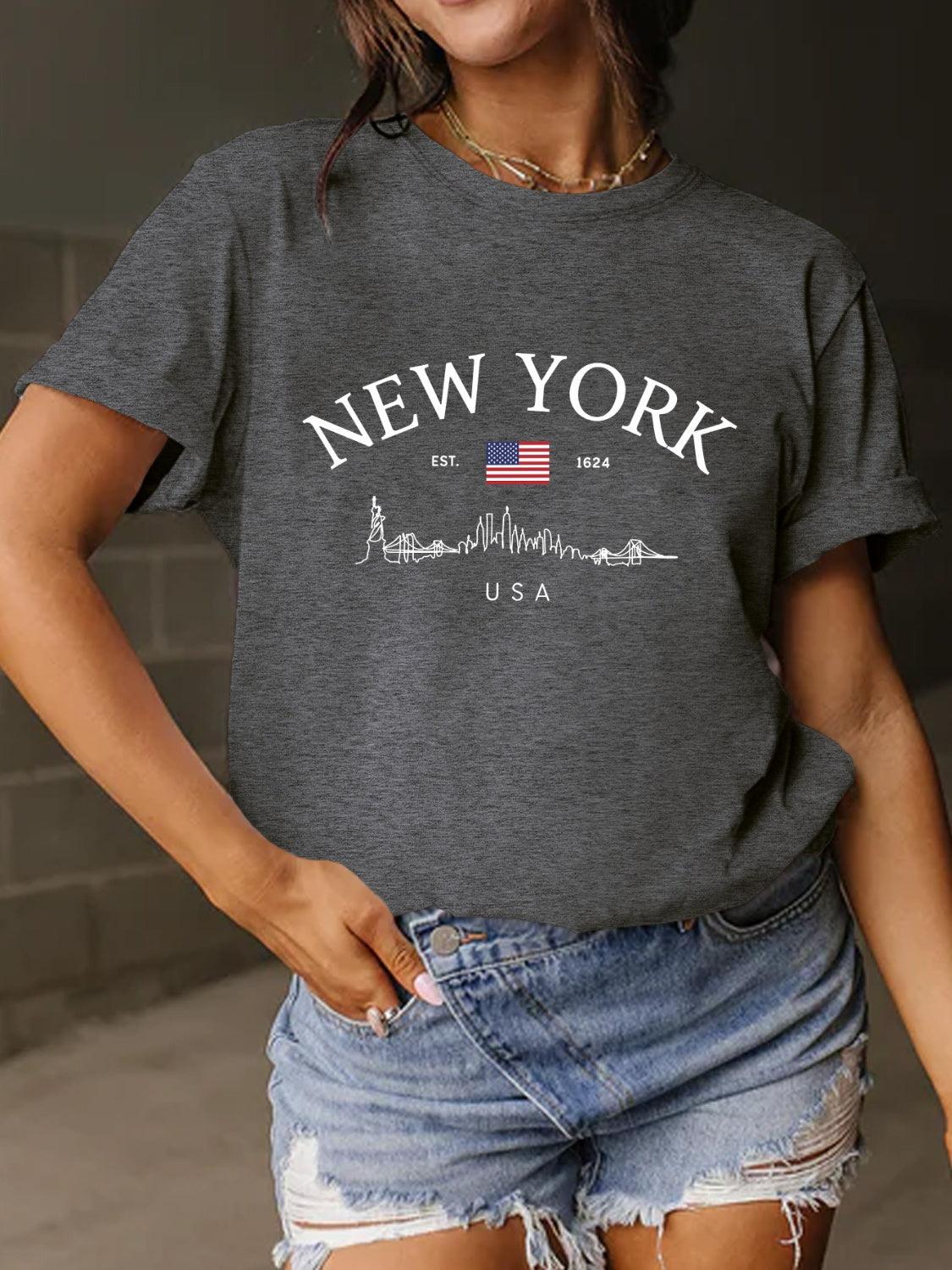 New York Full Size Letter Graphic Round Neck Short Sleeve T-Shirt