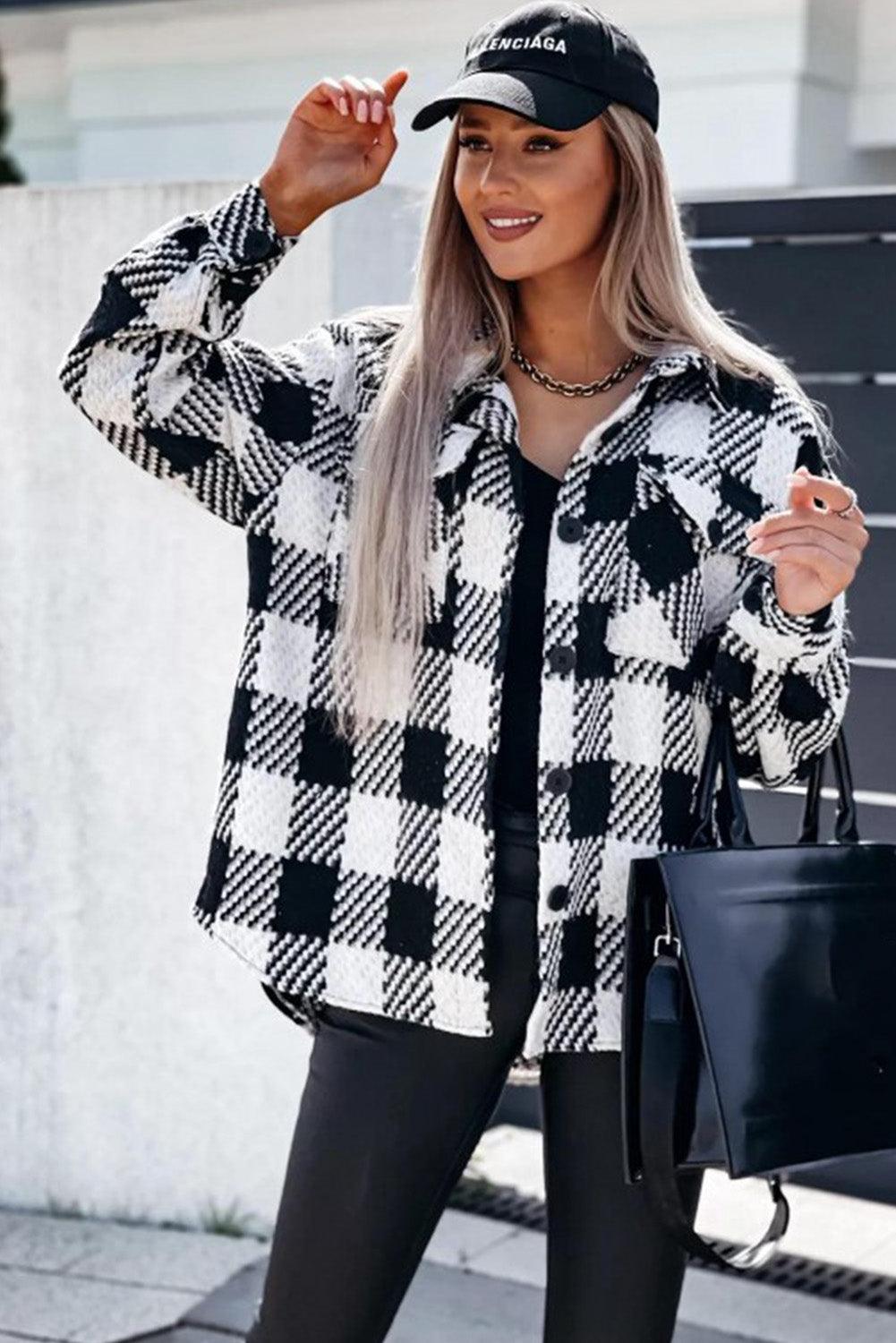 Black & White Elegant Plaid Textured Flap Pocket Shacket