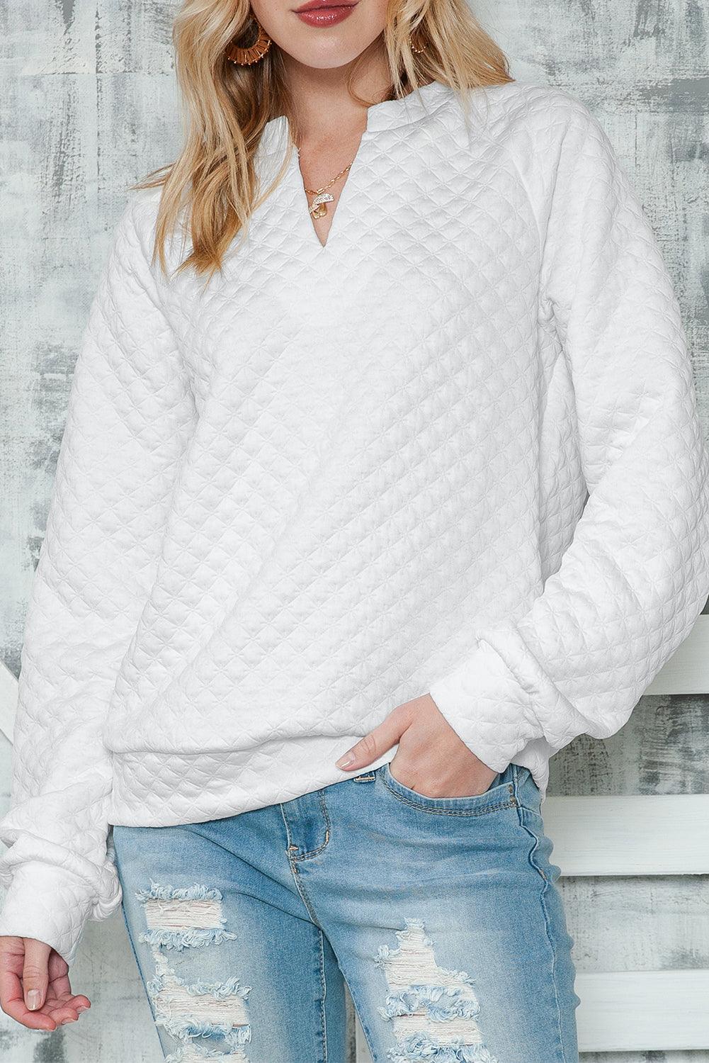 Quilted V-Neck Solid Color Long Sleeve Top