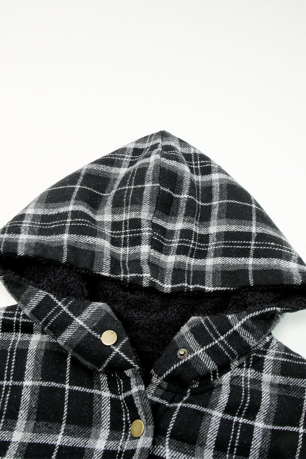 Gray Snap Button Sherpa Lined Hooded Flannel Jacket