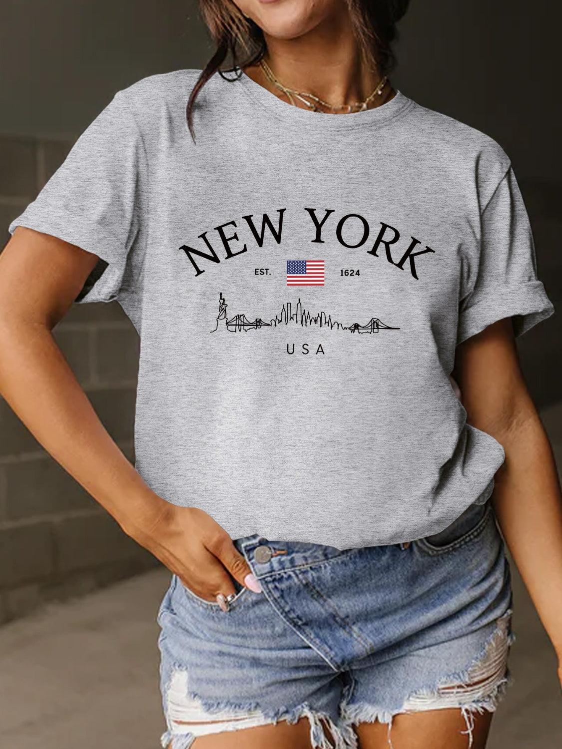 New York Full Size Letter Graphic Round Neck Short Sleeve T-Shirt