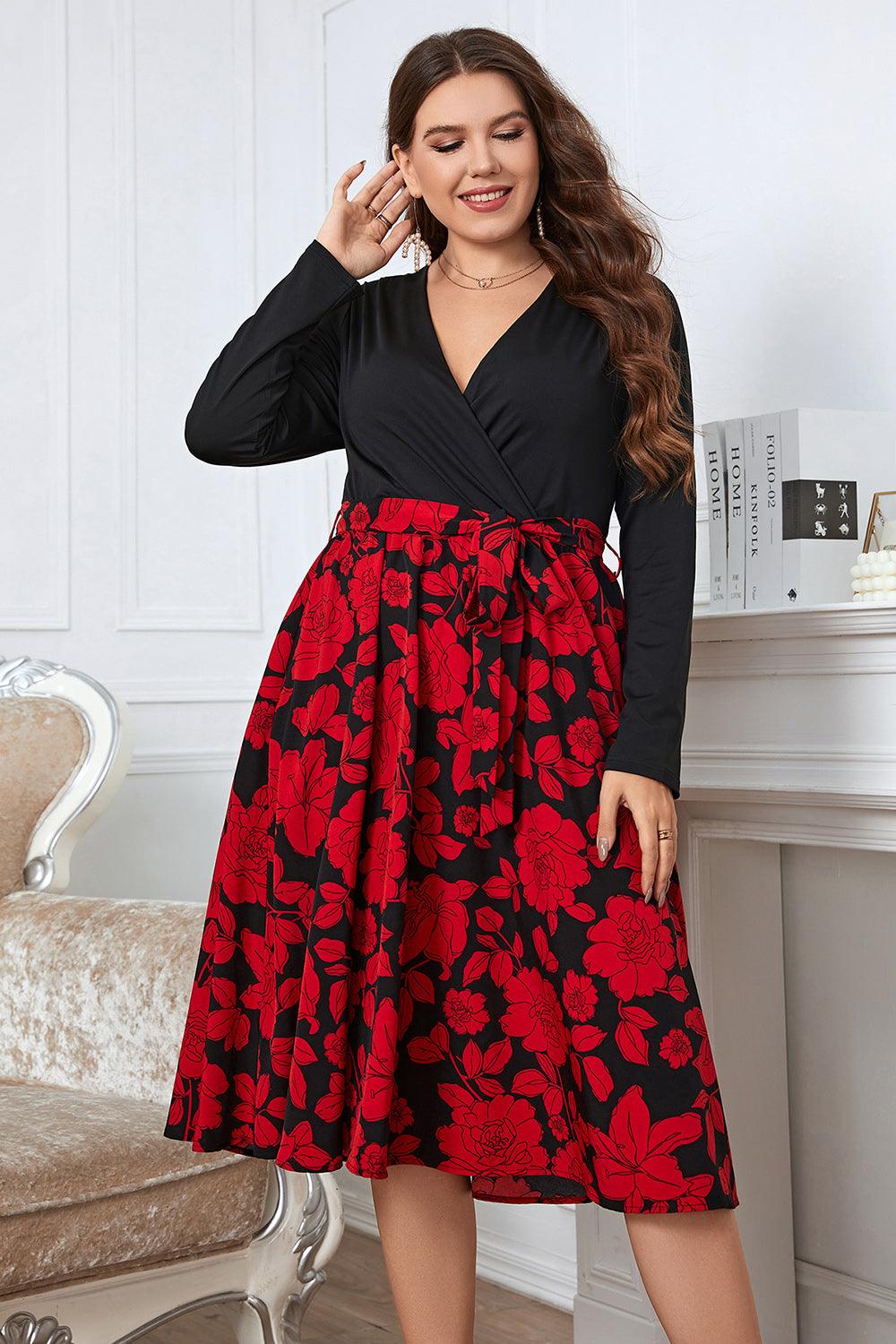 Honey Plus Size Floral Surplice Neck Long Sleeve Dress