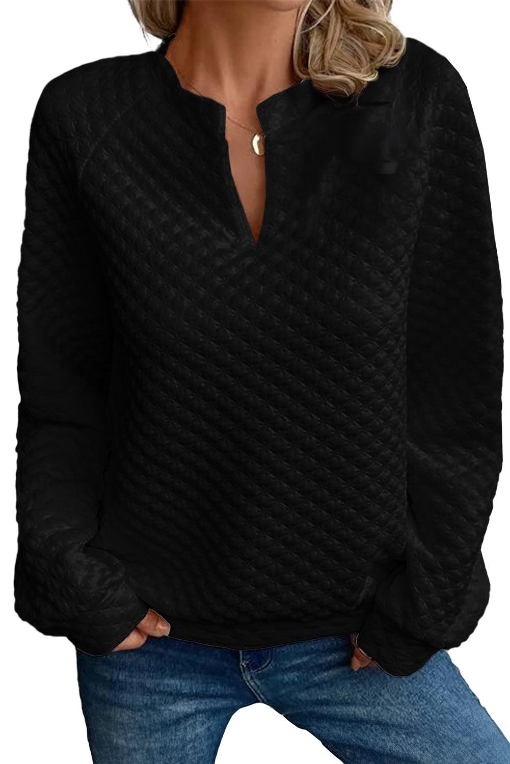 Quilted V-Neck Solid Color Long Sleeve Top