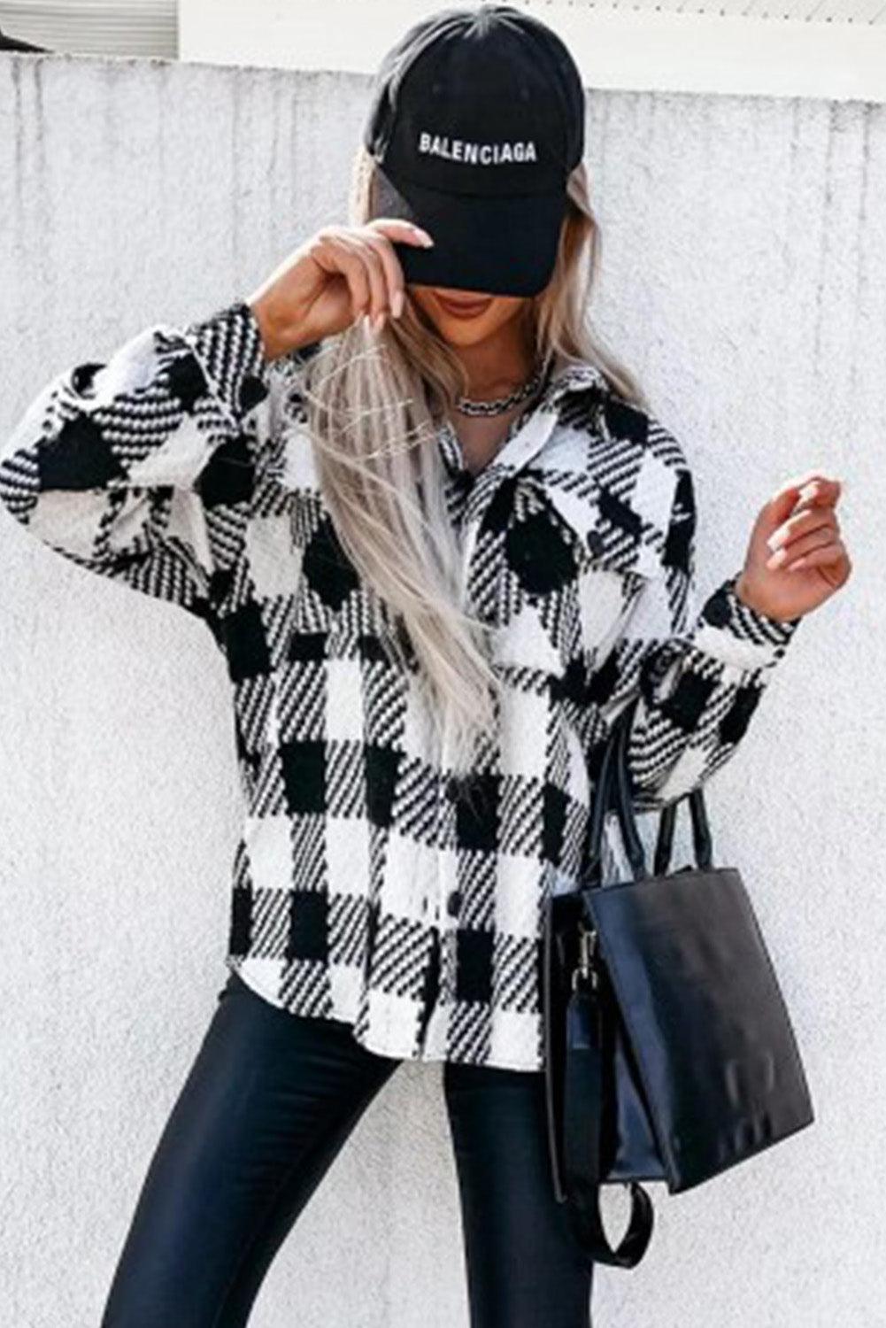 Black & White Elegant Plaid Textured Flap Pocket Shacket