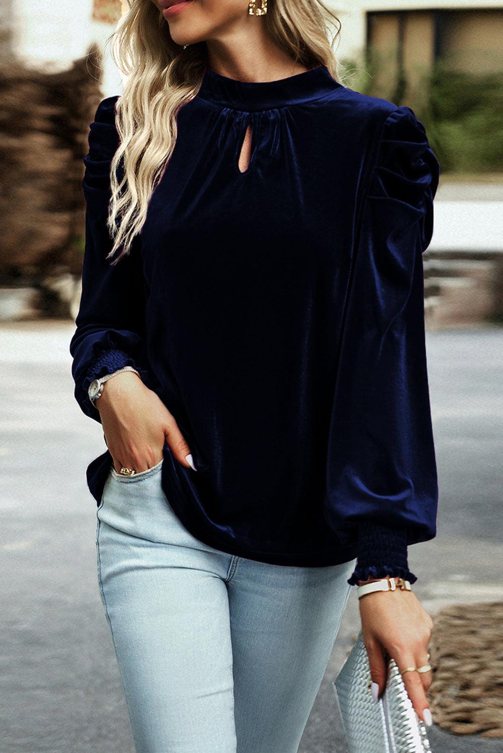 Keyhole Neck Puff Sleeve Velvet Blouse