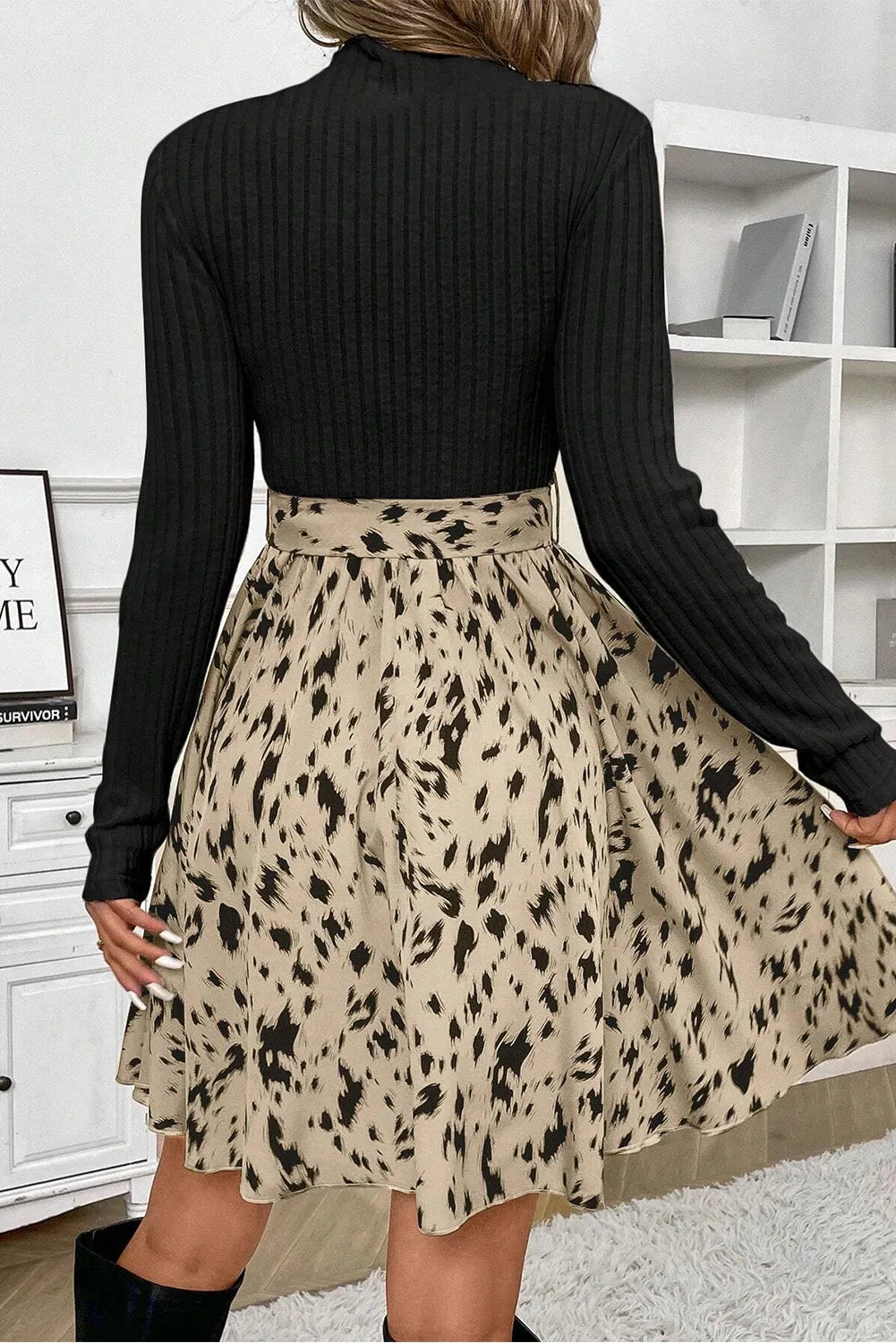 Tied Printed Mock Neck Long Sleeve Dress