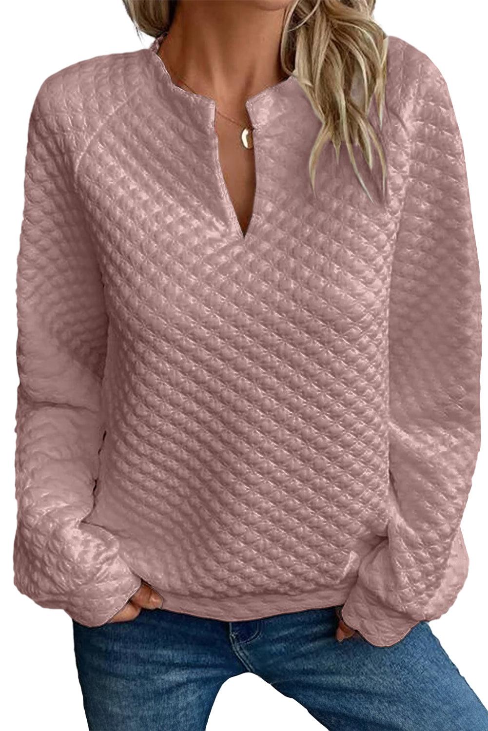 Quilted V-Neck Solid Color Long Sleeve Top