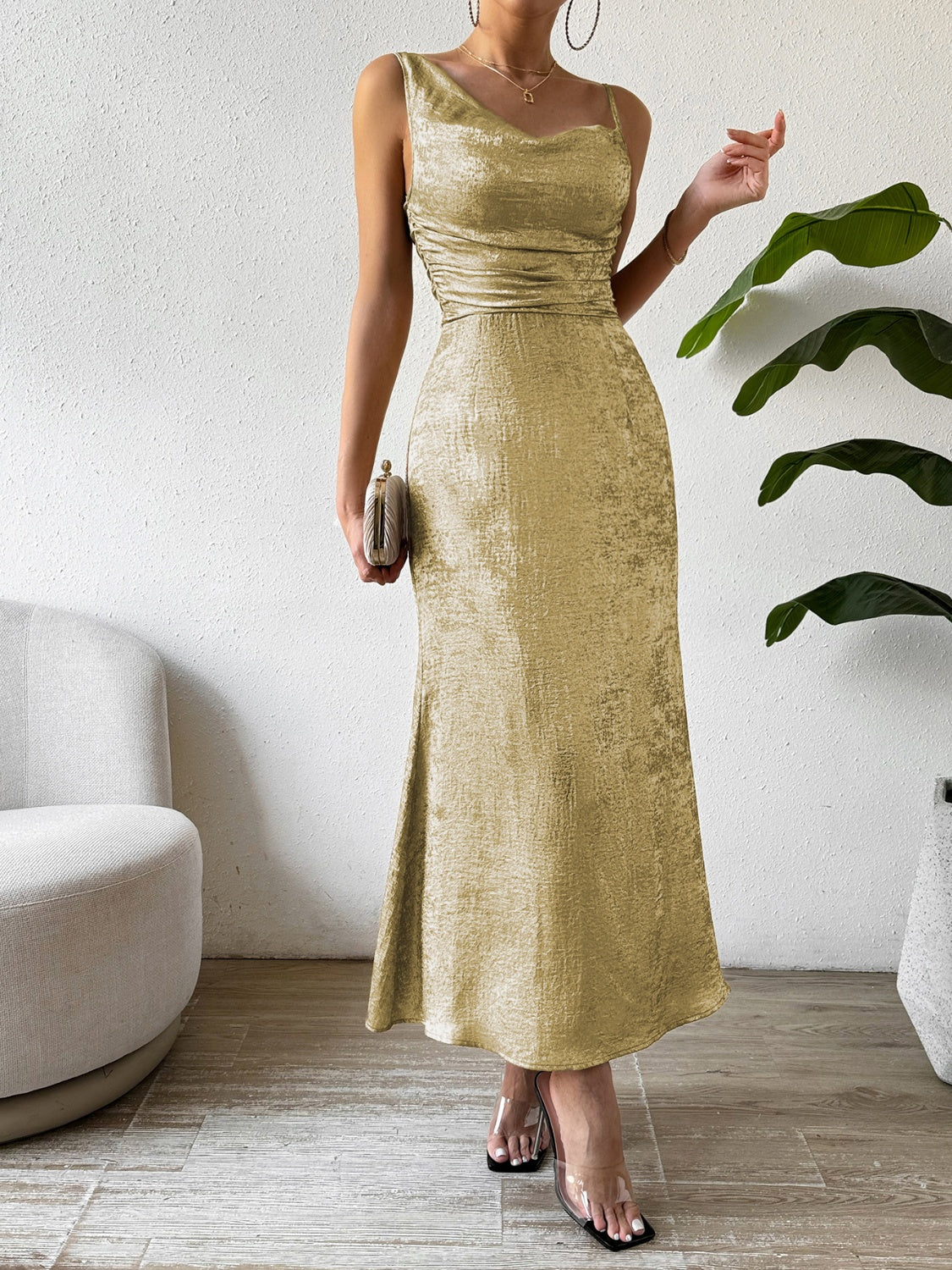 Honey Asymmetric Neck Sleeveless Midi Dress