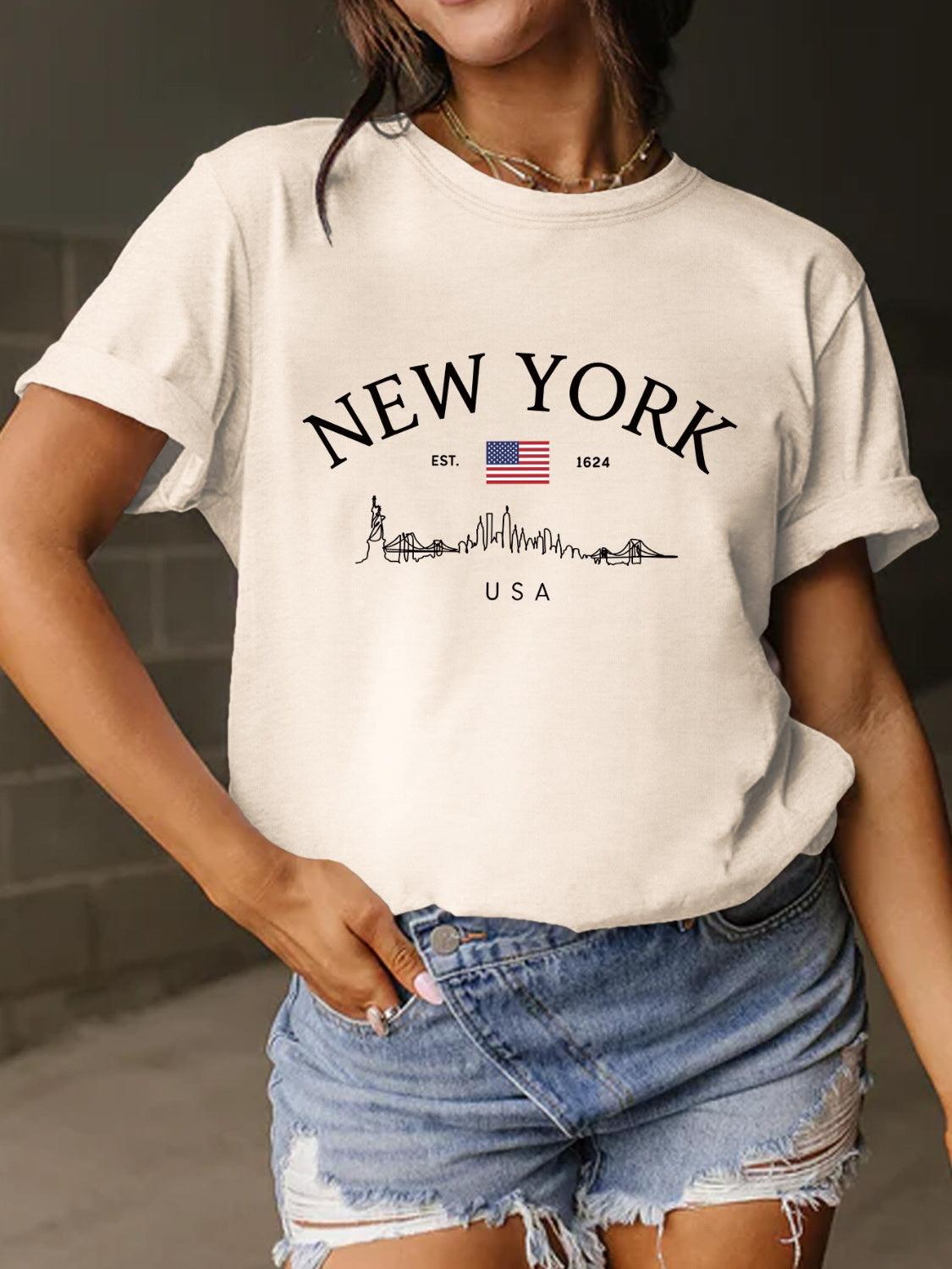 New York Full Size Letter Graphic Round Neck Short Sleeve T-Shirt