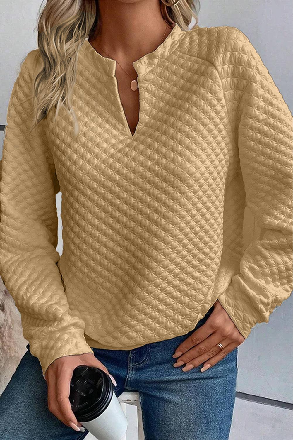 Quilted V-Neck Solid Color Long Sleeve Top