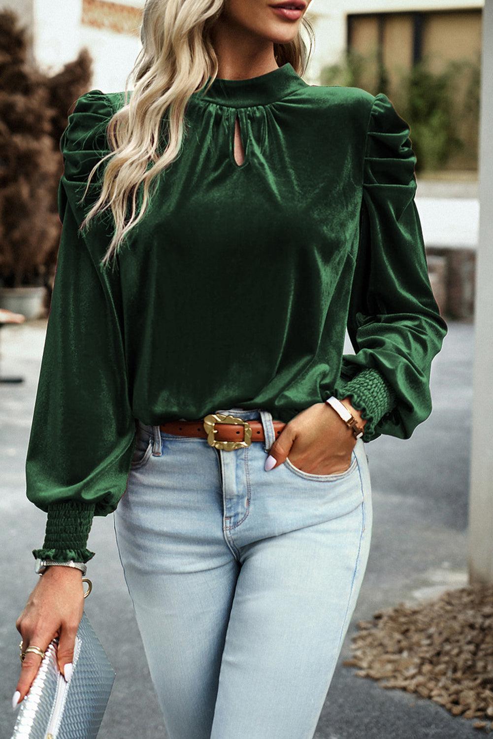 Keyhole Neck Puff Sleeve Velvet Blouse