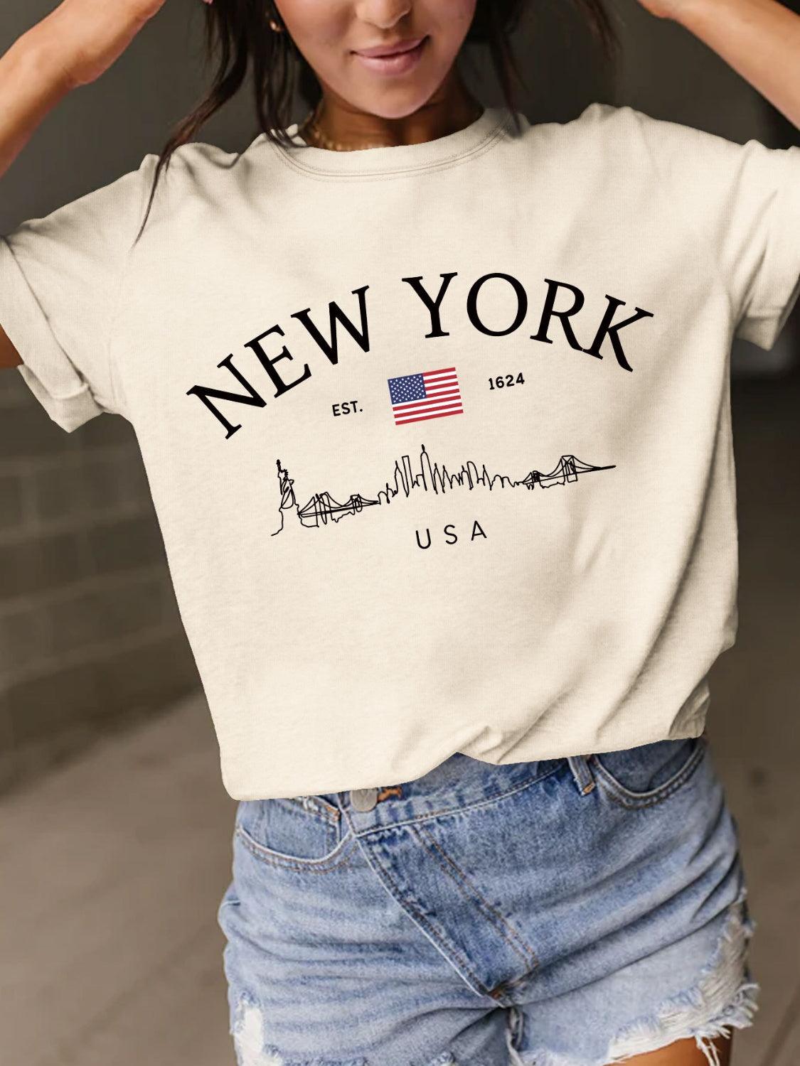 New York Full Size Letter Graphic Round Neck Short Sleeve T-Shirt