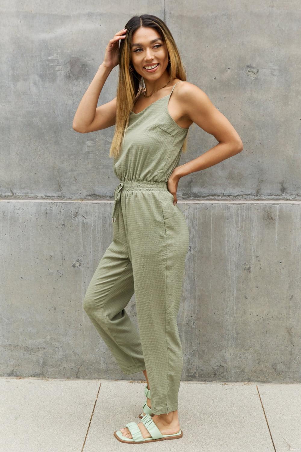 Women's Full Size Textured Woven Jumpsuit in Sage